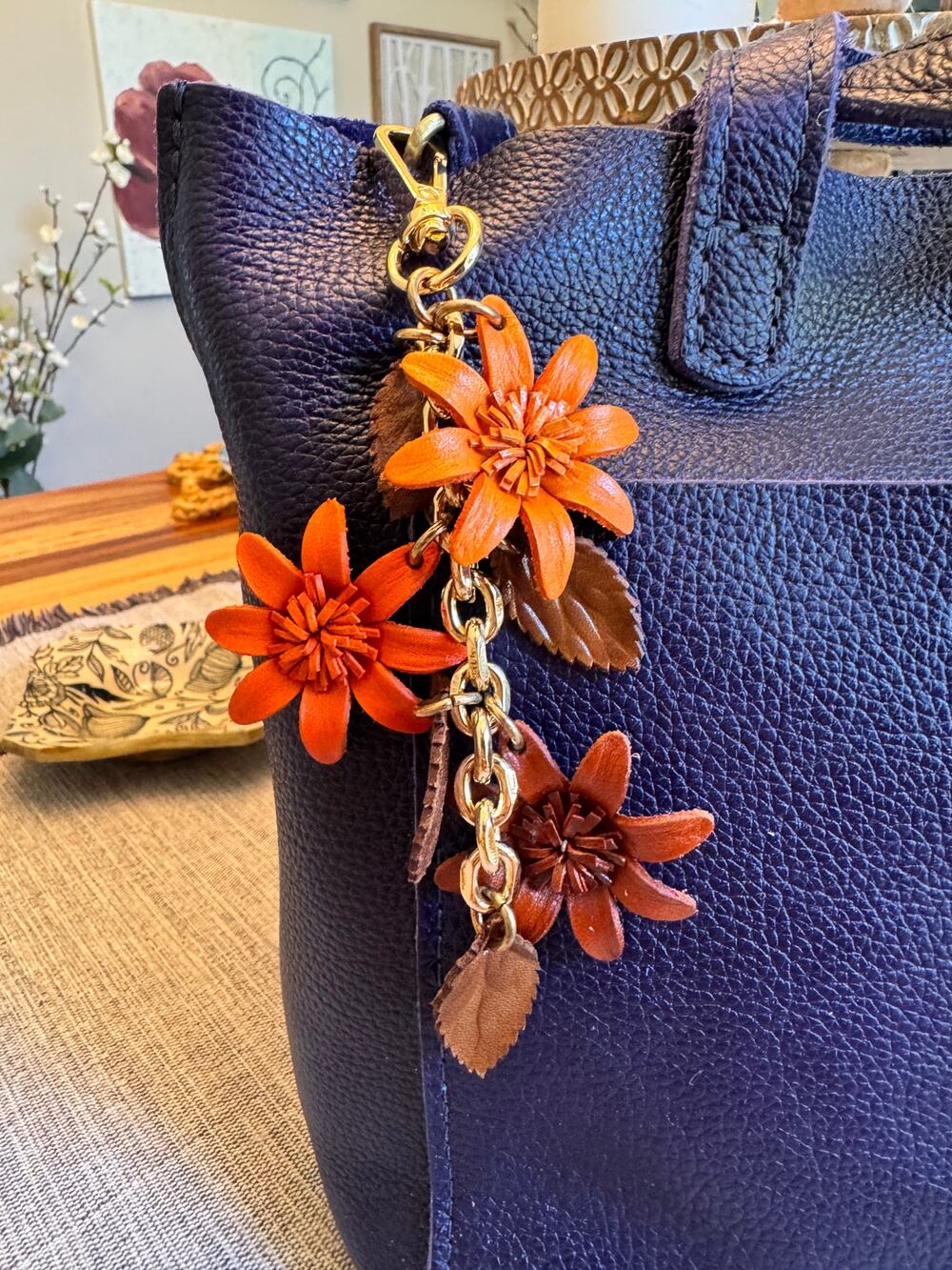 Autumn Orange Flower Bag Charm Genuine Leather Purse Charm Flower Charms NEW!